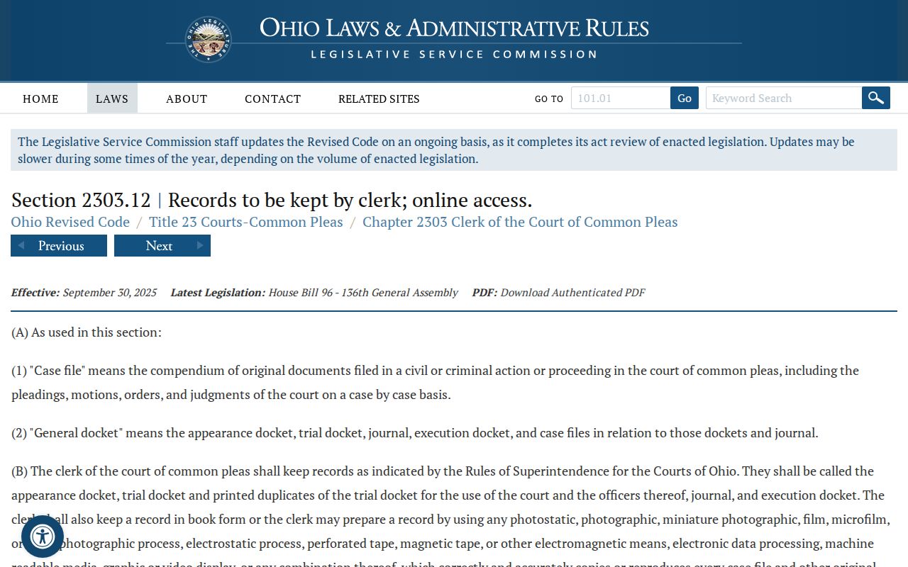 Trumbull County criminal docket Common Pleas clerk statute