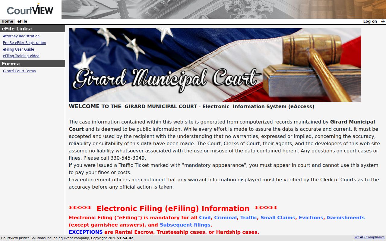 Girard court record eServices interface for municipal court access