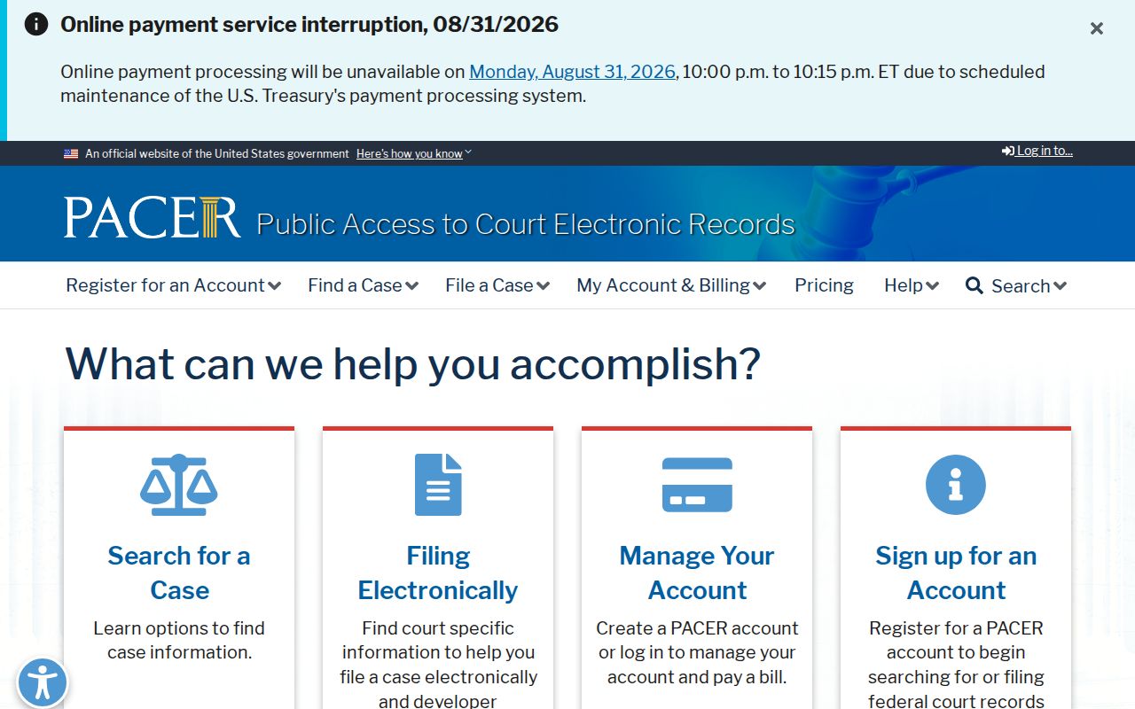 Trumbull County court docket federal PACER access interface