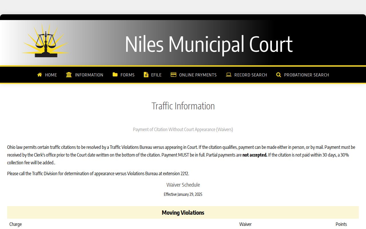 Trumbull traffic court records Niles waiver schedule